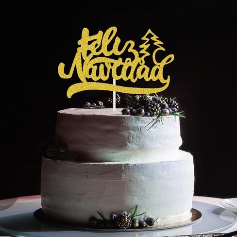 غلاف كعكة عيد الميلاد الأسبانية - ديكورات كعكة عيد الميلاد لعطلة الشتاء - ديكورات كعكة عيد الميلاد - أغطية كعكة فيليز نافيداد - لوازم زينة حفلات عيد الميلاد (بريق ذهبي) in Kuwait