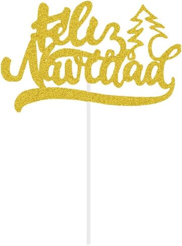 غلاف كعكة عيد الميلاد الأسبانية - ديكورات كعكة عيد الميلاد لعطلة الشتاء - ديكورات كعكة عيد الميلاد - أغطية كعكة فيليز نافيداد - لوازم زينة حفلات عيد الميلاد (بريق ذهبي) in Kuwait