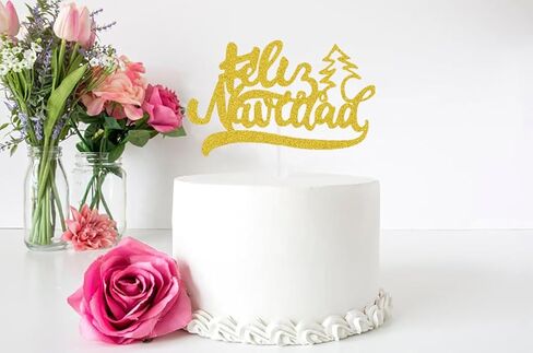 غلاف كعكة عيد الميلاد الأسبانية - ديكورات كعكة عيد الميلاد لعطلة الشتاء - ديكورات كعكة عيد الميلاد - أغطية كعكة فيليز نافيداد - لوازم زينة حفلات عيد الميلاد (بريق ذهبي) in Kuwait