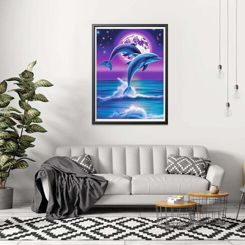 CHOSIGHT 5D Diamond Painting Dolphin Kits, DIY Paint with Diamond Art Moon Round Full Drill Crystal Rhinestone Embroidery Pictures Crafts for Home Wall Decor 12x16 inch in Kuwait