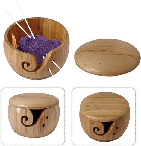 Yarn Storage Bowl, Wool Storage Bowl with Lid Wooden Yarn Organizer Handmade Craft Crochet Bowl Holder with Holes for Knitting and Crocheting in Kuwait