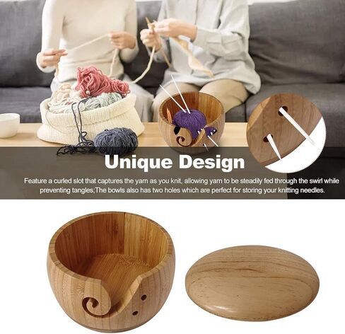Yarn Storage Bowl, Wool Storage Bowl with Lid Wooden Yarn Organizer Handmade Craft Crochet Bowl Holder with Holes for Knitting and Crocheting in Kuwait