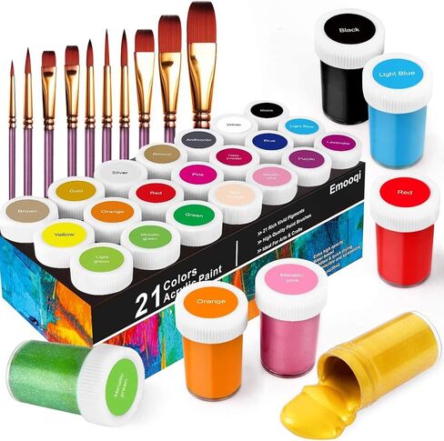 Emooqi Acrylic Paint Set, 31 Acrylic Paint Including 21 x 20 ml Tubes 10 Brushes, Perfect for Canvas, Wood, Arts Crafts,for Kids, Artist & Hobby Painters in Kuwait