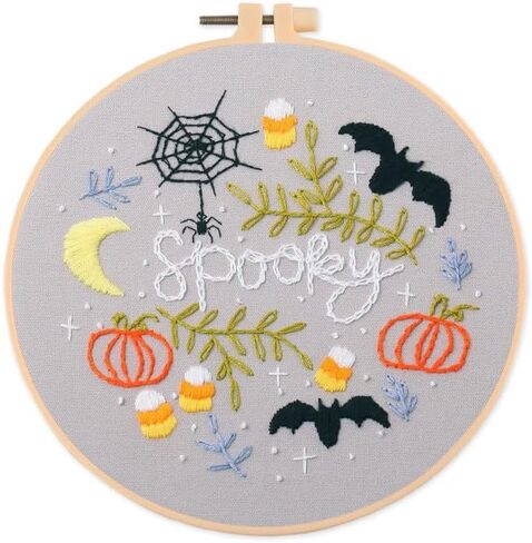 Stamped Embroidery Starters Kits with Pattern Halloween Sipder Bat for Beginners with Hoops Cloth Color Threads DIY Cross Stitch Kits Needlework Art for Home Decoration in Saudi Arabia