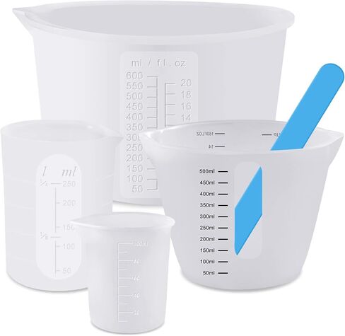 Silicone Resin Measuring Cups 4 Pcs 600ml & 500ml & 250ml & 100 ml Silicone Cups for Resin and 1 Pcs Silicone Stir Stick for Epoxy Resin Mixing, Molds, Jewelry Making, Waxing, Easy Clean in Kuwait