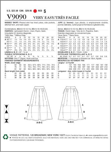 نموذج خياطة تنورة السيدة V9090E50 من Vogue Patterns، مقاس E5 (14-16-18-20-22) in Saudi Arabia