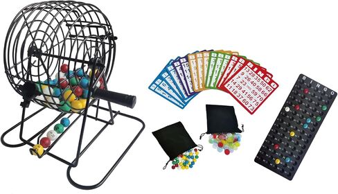 SEETOOOGAMES Deluxe Bingo Game Set,6 Inch Metal Cage, 300 Bingo Chips with a Bag, 75 Bingo Balls with a Bag, 50 Bingo Cards, Plastic Master Board in Kuwait