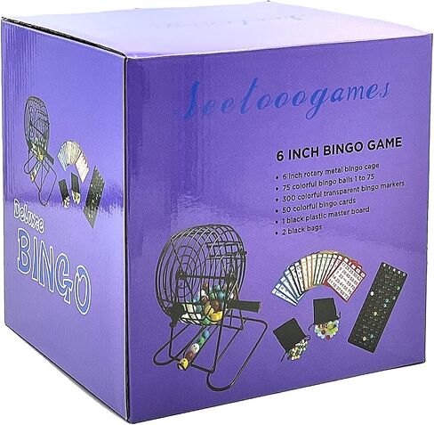 SEETOOOGAMES Deluxe Bingo Game Set,6 Inch Metal Cage, 300 Bingo Chips with a Bag, 75 Bingo Balls with a Bag, 50 Bingo Cards, Plastic Master Board in Kuwait
