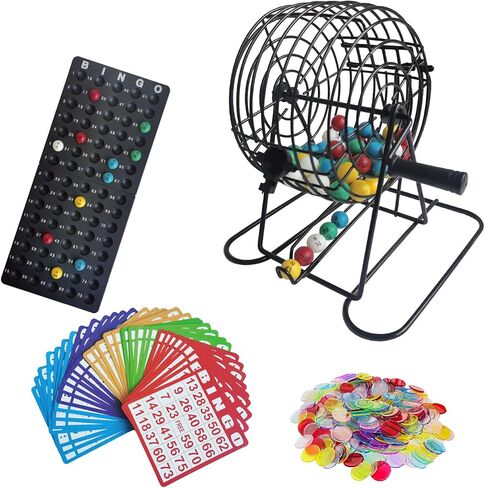 SEETOOOGAMES Deluxe Bingo Game Set,6 Inch Metal Cage, 300 Bingo Chips with a Bag, 75 Bingo Balls with a Bag, 50 Bingo Cards, Plastic Master Board in Kuwait