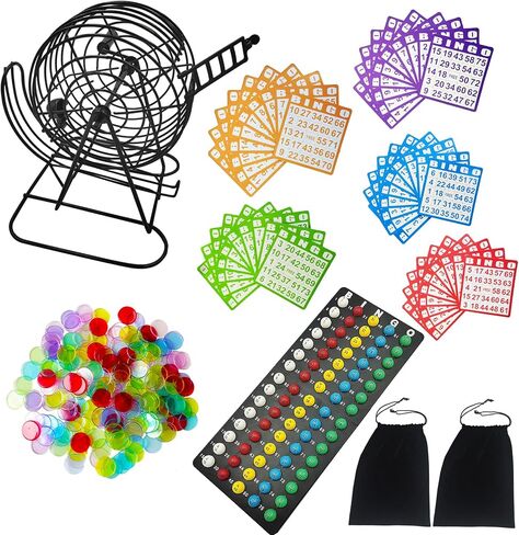 SEETOOOGAMES Deluxe Bingo Game Set,6 Inch Metal Cage, 300 Bingo Chips with a Bag, 75 Bingo Balls with a Bag, 50 Bingo Cards, Plastic Master Board in Kuwait