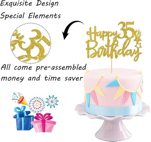 Gold Glitter Happy 35th Birthday Cake Topper,Hello 35, Cheers to 35 Years,35 & Fabulous Party Decoration in Saudi Arabia