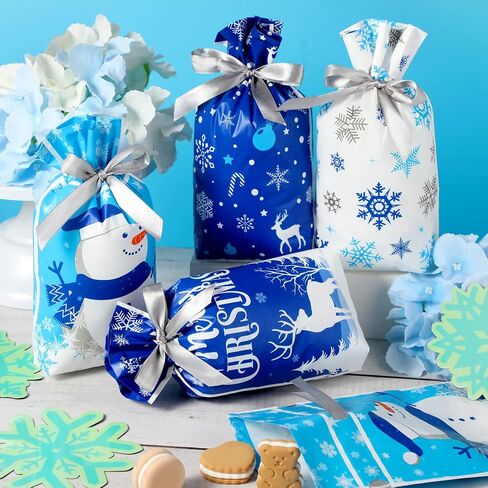 Christmas Drawstring Favor Bags Christmas Plastic Treat Candy Bag Xmas Goodies Gift Bags for Kids Birthday Snack Wrapping Christmas Party Favors Decor (50 Pcs, Snowman) in Saudi Arabia
