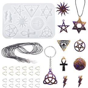 FineInno 9 Shapes Jewelry Pendant Resin Silicone Mold Star, Celtic Trinity Knot, Lightning, Ankh Cross, Evil Eye Necklace Epoxy Mold with 1 Black Rope, 24 Triangle Ring in Kuwait