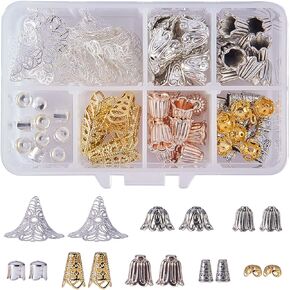 PH PandaHall 278Pcs Bead Caps, 12 Styles Flower Bead Cap Spacers Brass & Alloy Bead Cap Bails End Charm Caps Spacer Beads for Earring Bracelets Necklace Jewelry DIY Crafts Making, Golden & Silver
