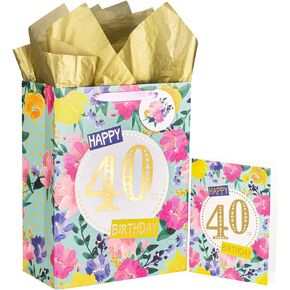 حقيبة هدايا عيد الميلاد الأربعين الكبيرة مقاس 13 بوصة من WRAPAHOLIC مع بطاقة ومناديل ورقية - زهور لعيد الميلاد الأربعين
