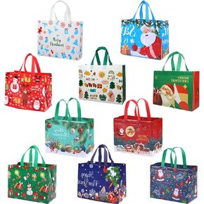 10 Pack Large Christmas Gift Bags Reusable Xmas Non-Woven Tote Bags Christmas Shopping Bags with Handle for Christmas Treat Bag, Gift Wrapping Bags Xmas Holiday Party Supplies