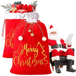 2 Pieces 27 x 36 Inch Giant Christmas Santa Sack Oversize Red Velvet Burlap Santa Bags with Cord Drawstring, Jumbo Gift Bag Gift Wrap Trash Bags for Christmas Party Holiday Supplies (Classic Style) in Saudi Arabia