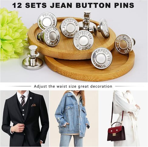 12 مجموعة من دبابيس أزرار الجينز للجينز، بدون خياطة ولا أدوات استبدال دبابيس أزرار الجينز للجينز كبيرة جدًا وقابلة لإعادة الاستخدام وقابلة للتعديل in Kuwait