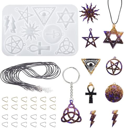 FineInno 9 Shapes Jewelry Pendant Resin Silicone Mold Star, Celtic Trinity Knot, Lightning, Ankh Cross, Evil Eye Necklace Epoxy Mold with 1 Black Rope, 24 Triangle Ring in Saudi Arabia