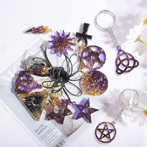 FineInno 9 Shapes Jewelry Pendant Resin Silicone Mold Star, Celtic Trinity Knot, Lightning, Ankh Cross, Evil Eye Necklace Epoxy Mold with 1 Black Rope, 24 Triangle Ring in Saudi Arabia