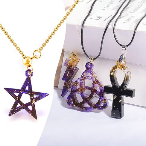 FineInno 9 Shapes Jewelry Pendant Resin Silicone Mold Star, Celtic Trinity Knot, Lightning, Ankh Cross, Evil Eye Necklace Epoxy Mold with 1 Black Rope, 24 Triangle Ring in Saudi Arabia