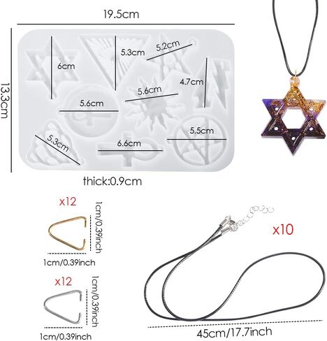 FineInno 9 Shapes Jewelry Pendant Resin Silicone Mold Star, Celtic Trinity Knot, Lightning, Ankh Cross, Evil Eye Necklace Epoxy Mold with 1 Black Rope, 24 Triangle Ring in Saudi Arabia