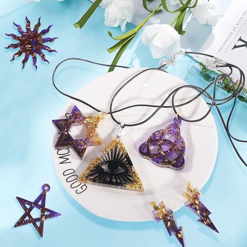 FineInno 9 Shapes Jewelry Pendant Resin Silicone Mold Star, Celtic Trinity Knot, Lightning, Ankh Cross, Evil Eye Necklace Epoxy Mold with 1 Black Rope, 24 Triangle Ring in Saudi Arabia
