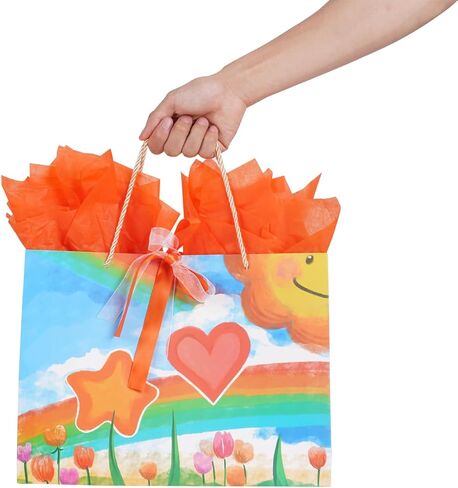 Ranfashiong Large 13.7"x10.2"x5.1"Gift Bag with Handles and Tissue Paper For Children's Birthday Party Guests Kids Gift Wrapping Colorful Rainbow Newborn Baby Shower in Kuwait