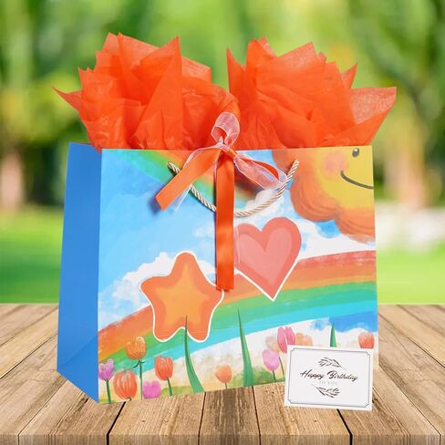 Ranfashiong Large 13.7"x10.2"x5.1"Gift Bag with Handles and Tissue Paper For Children's Birthday Party Guests Kids Gift Wrapping Colorful Rainbow Newborn Baby Shower in Kuwait