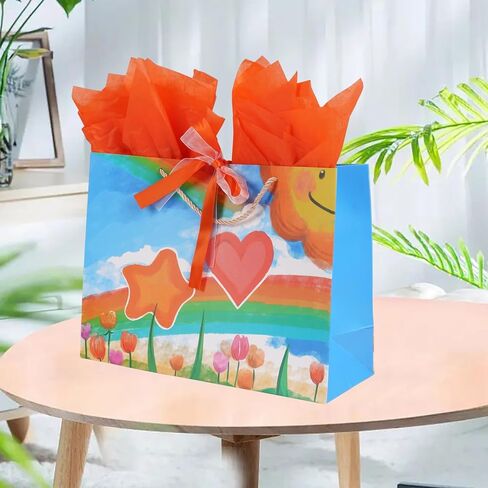 Ranfashiong Large 13.7"x10.2"x5.1"Gift Bag with Handles and Tissue Paper For Children's Birthday Party Guests Kids Gift Wrapping Colorful Rainbow Newborn Baby Shower in Kuwait