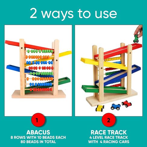 Montessori Toys for Toddlers, Car Track for Toddlers 3-5 with 4 Cars and a Wooden Abacus Toy for Kids Math - Wooden Toys Cars - Toddler Race Track- Autism Toys Car Ramp Toy in Saudi Arabia