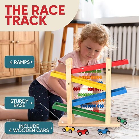Montessori Toys for Toddlers, Car Track for Toddlers 3-5 with 4 Cars and a Wooden Abacus Toy for Kids Math - Wooden Toys Cars - Toddler Race Track- Autism Toys Car Ramp Toy in Saudi Arabia