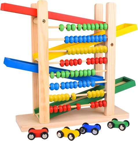 Montessori Toys for Toddlers, Car Track for Toddlers 3-5 with 4 Cars and a Wooden Abacus Toy for Kids Math - Wooden Toys Cars - Toddler Race Track- Autism Toys Car Ramp Toy in Saudi Arabia