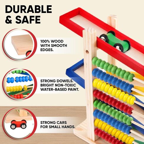 Montessori Toys for Toddlers, Car Track for Toddlers 3-5 with 4 Cars and a Wooden Abacus Toy for Kids Math - Wooden Toys Cars - Toddler Race Track- Autism Toys Car Ramp Toy in Saudi Arabia