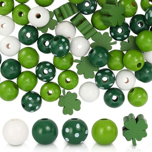Whaline 160Pcs St. Patrick's Day Wood Beads Craft Wooden Beads White Green Spacer Beads Good Luck Clover Round Spot Round Farmhouse Bead for DIY Craft Handmade Home Decoration, 5 Designs in Saudi Arabia