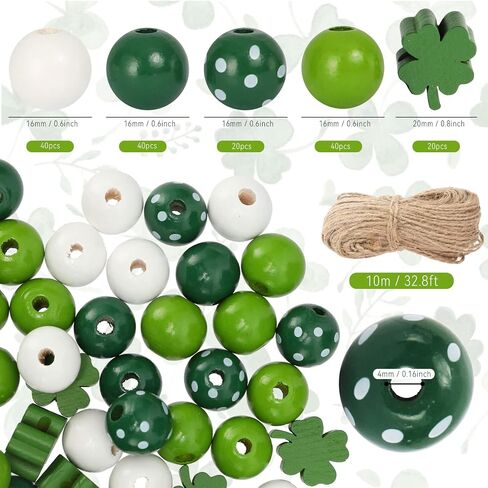 Whaline 160Pcs St. Patrick's Day Wood Beads Craft Wooden Beads White Green Spacer Beads Good Luck Clover Round Spot Round Farmhouse Bead for DIY Craft Handmade Home Decoration, 5 Designs in Saudi Arabia