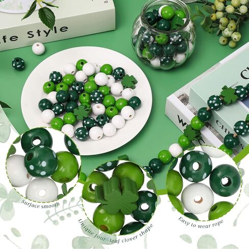 Whaline 160Pcs St. Patrick's Day Wood Beads Craft Wooden Beads White Green Spacer Beads Good Luck Clover Round Spot Round Farmhouse Bead for DIY Craft Handmade Home Decoration, 5 Designs in Saudi Arabia