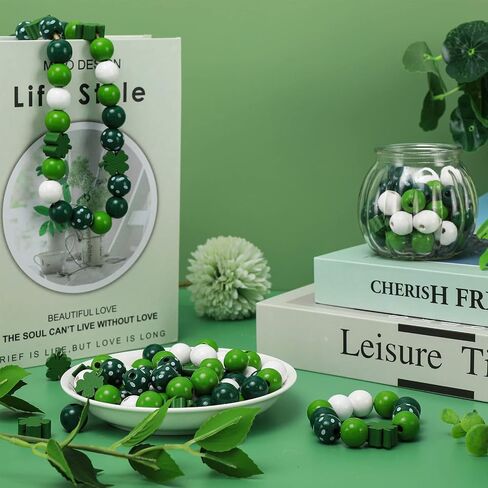 Whaline 160Pcs St. Patrick's Day Wood Beads Craft Wooden Beads White Green Spacer Beads Good Luck Clover Round Spot Round Farmhouse Bead for DIY Craft Handmade Home Decoration, 5 Designs in Saudi Arabia