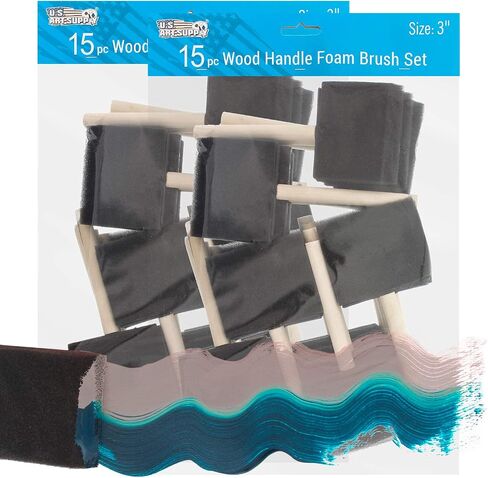 US Art Supply 3 inch Foam Sponge Wood Handle Paint Brush Set, Pack of 15 in Kuwait