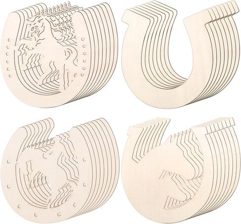 DLOnline 48 Pieces Unfinished Horseshoes Shape Wooden Cutouts, 4 Styles Cowboy Decor Wood Slices, Horse Shaped Blank Wood Discs for Home DIY, Western Party Decorations, Kids Handicrafts in Kuwait