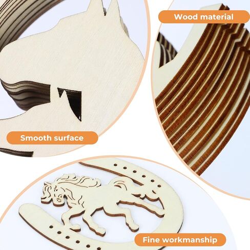 DLOnline 48 Pieces Unfinished Horseshoes Shape Wooden Cutouts, 4 Styles Cowboy Decor Wood Slices, Horse Shaped Blank Wood Discs for Home DIY, Western Party Decorations, Kids Handicrafts in Kuwait