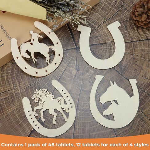DLOnline 48 Pieces Unfinished Horseshoes Shape Wooden Cutouts, 4 Styles Cowboy Decor Wood Slices, Horse Shaped Blank Wood Discs for Home DIY, Western Party Decorations, Kids Handicrafts in Kuwait