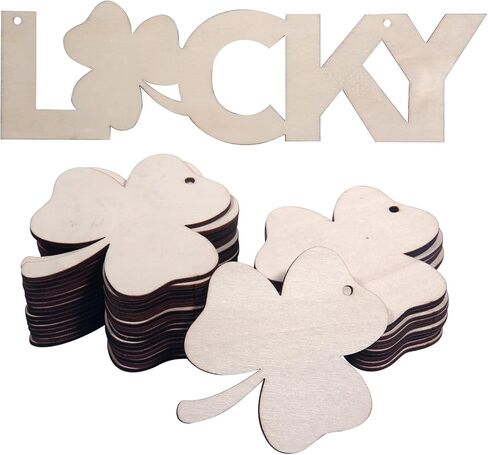 Unfinished Wooden Ornaments, Unfinished Wood Shamrock Cutouts, DIY Wooden Ornaments with Ropes, 30 PCS Shamrock and 1 Lucky in Kuwait