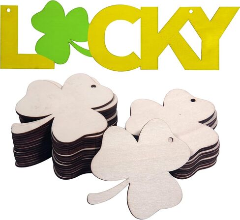 Unfinished Wooden Ornaments, Unfinished Wood Shamrock Cutouts, DIY Wooden Ornaments with Ropes, 30 PCS Shamrock and 1 Lucky in Kuwait