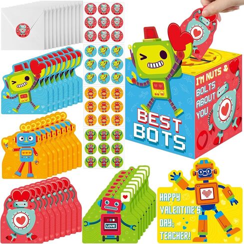Funrous Valentines Boxes for Boys Girls Robot Valentines Day Cards and Mailbox for School Prizes Classroom Gifts Exchange, 1 Robot Box, 32 Student Cards, 1 Teacher Card, 33 Envelopes, 36 Stickers in Saudi Arabia
