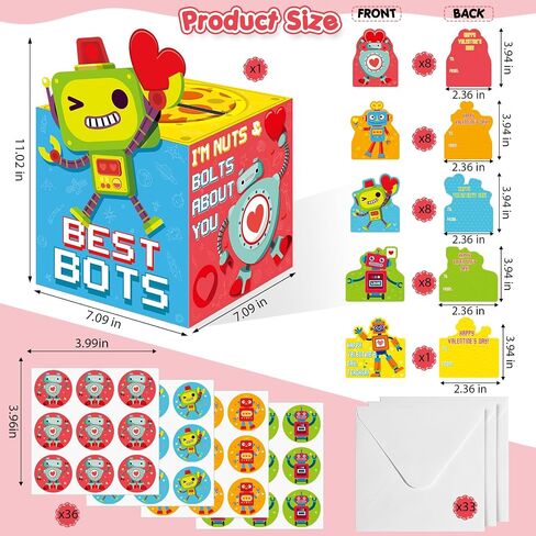 Funrous Valentines Boxes for Boys Girls Robot Valentines Day Cards and Mailbox for School Prizes Classroom Gifts Exchange, 1 Robot Box, 32 Student Cards, 1 Teacher Card, 33 Envelopes, 36 Stickers in Saudi Arabia
