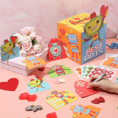 Funrous Valentines Boxes for Boys Girls Robot Valentines Day Cards and Mailbox for School Prizes Classroom Gifts Exchange, 1 Robot Box, 32 Student Cards, 1 Teacher Card, 33 Envelopes, 36 Stickers in Saudi Arabia