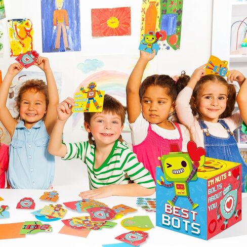 Funrous Valentines Boxes for Boys Girls Robot Valentines Day Cards and Mailbox for School Prizes Classroom Gifts Exchange, 1 Robot Box, 32 Student Cards, 1 Teacher Card, 33 Envelopes, 36 Stickers in Saudi Arabia