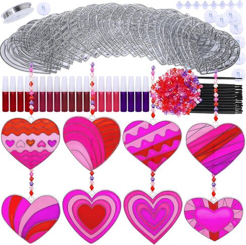 Winlyn 24 Sets Heart Suncatchers Ornaments Decorations DIY Window Paint Art Stickers Craft Kits Heart Sun Catchers for Kids Valentine's Day Classroom Activities Art Project Party Favors Gift Exchange in Saudi Arabia