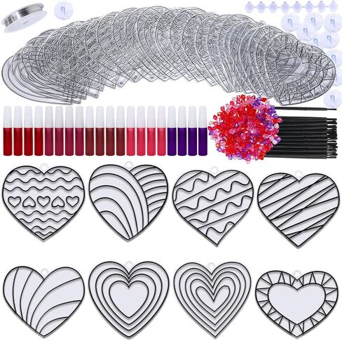 Winlyn 24 Sets Heart Suncatchers Ornaments Decorations DIY Window Paint Art Stickers Craft Kits Heart Sun Catchers for Kids Valentine's Day Classroom Activities Art Project Party Favors Gift Exchange in Saudi Arabia